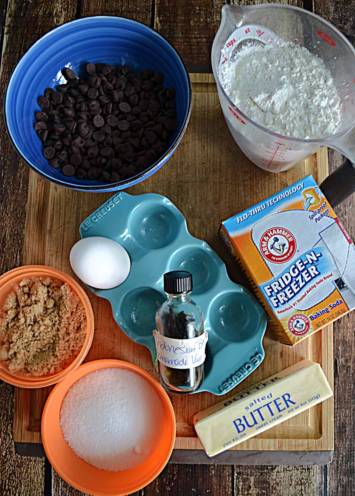 Ingredient for making Crumbl Chocolate Chip Cookies.