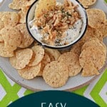 Pin Image: A plate of tortilla chips with a bowl of dip in the middle, Title.