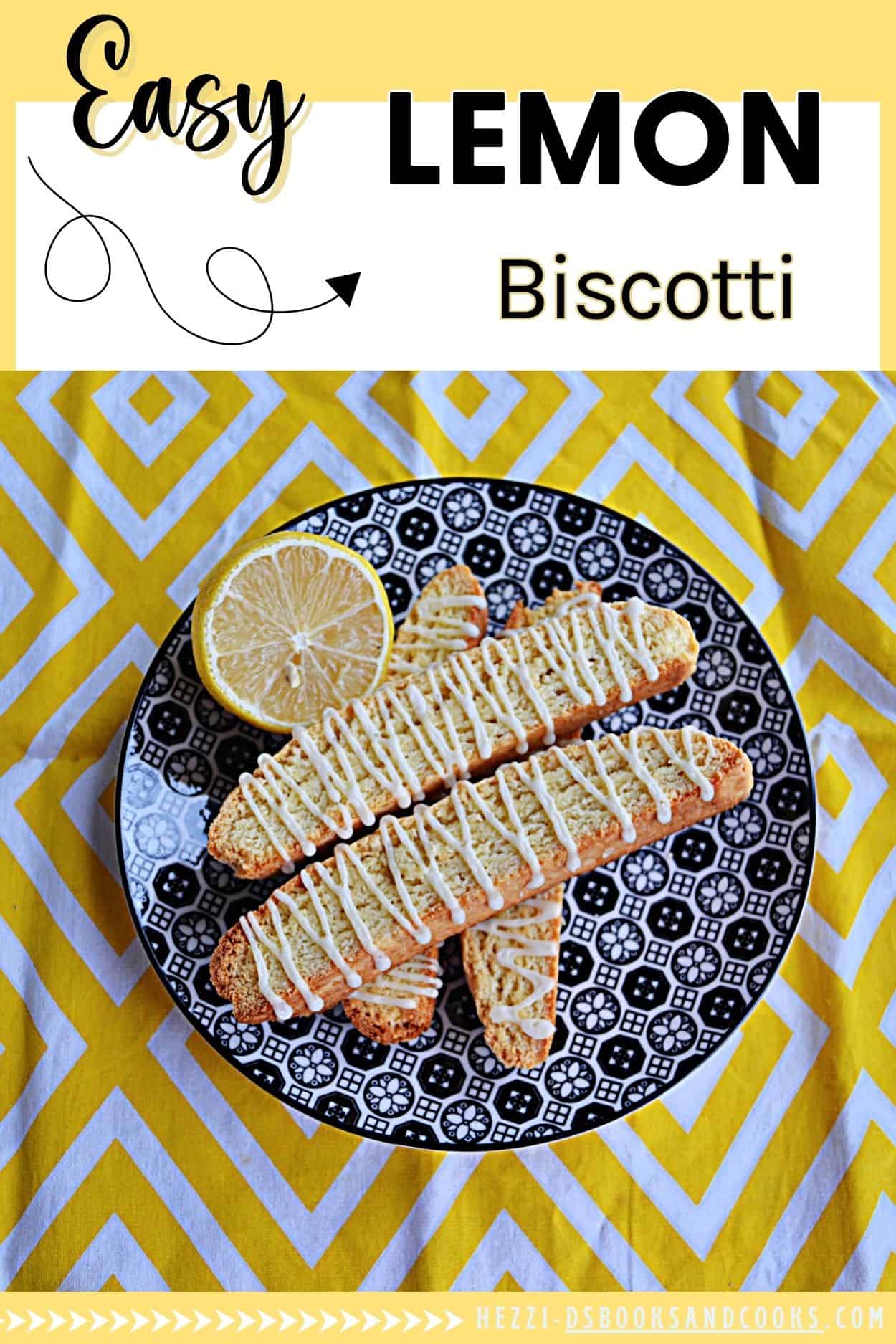Pin Image: Title, a plate of stacked biscotti.