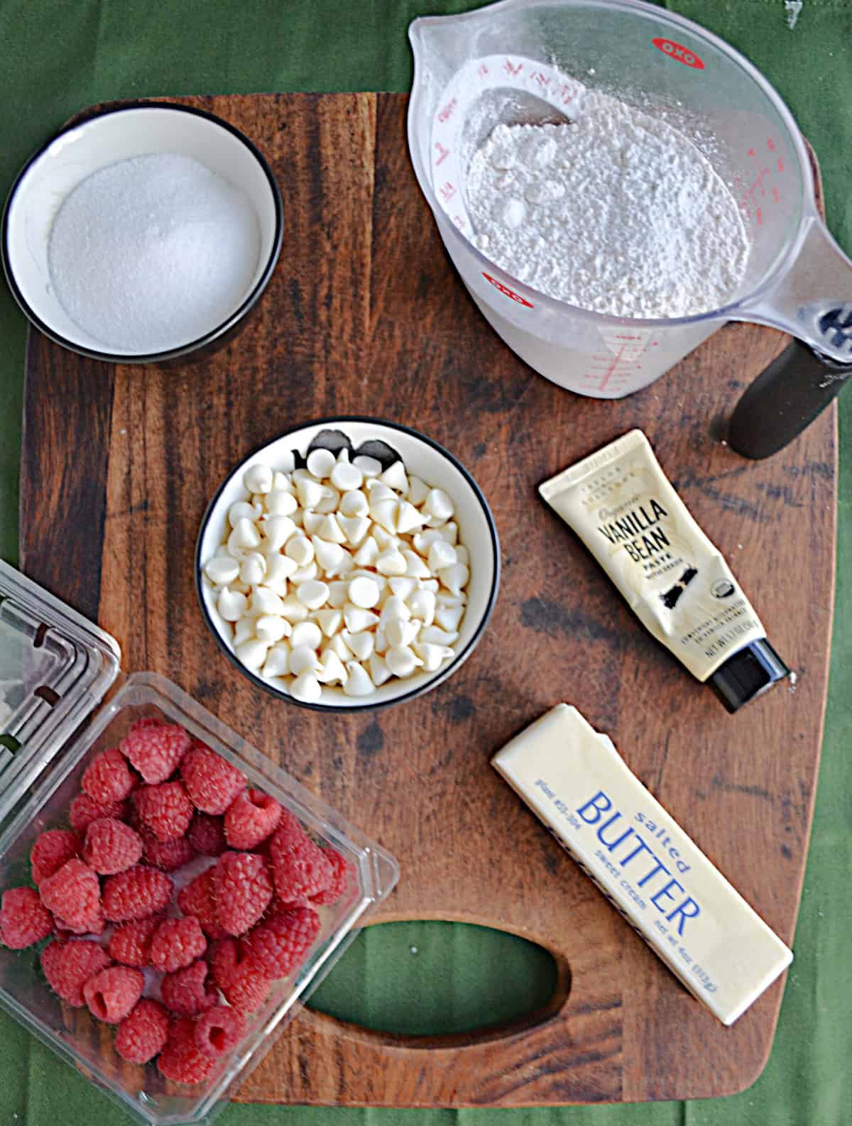 Ingredients for making White Chocolate Raspberry Cookies.