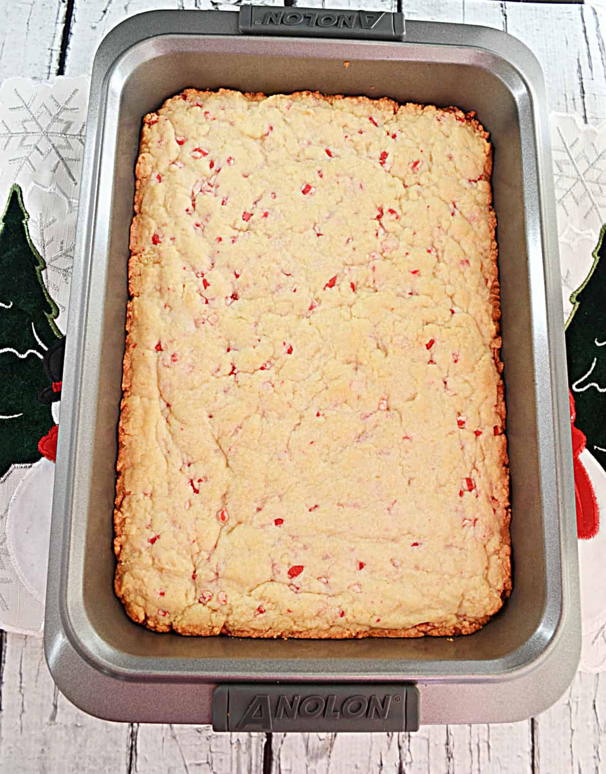 A pan of peppermint sugar cookie bars.