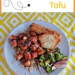 Pin Image: Text title, a plate of sesame tofu with vegetables.
