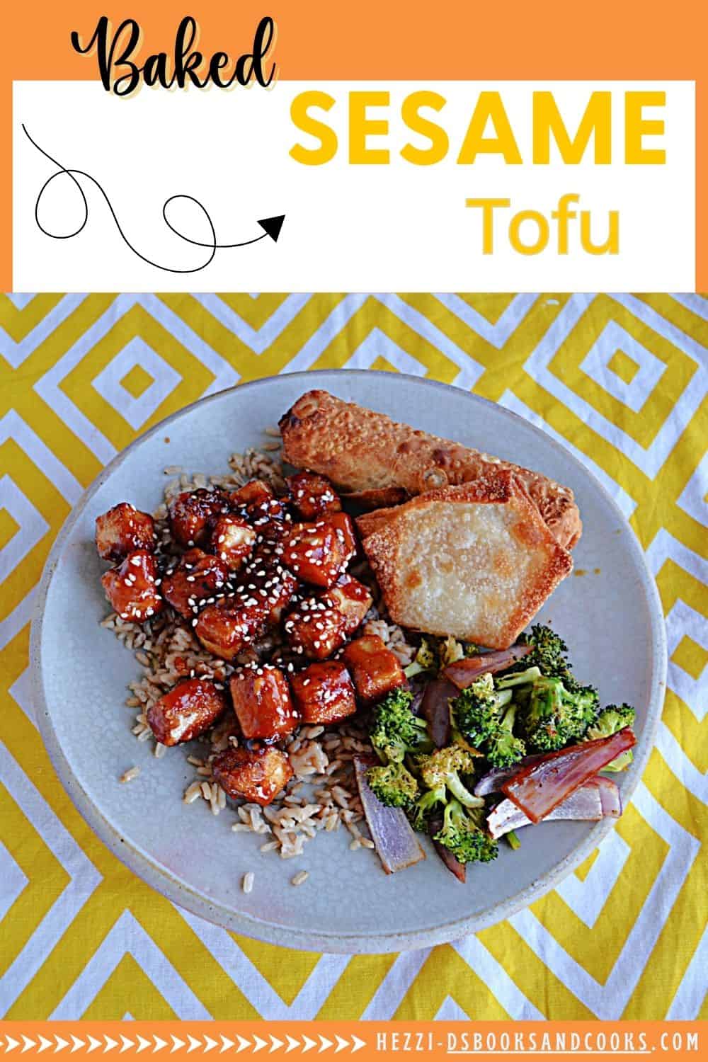 Pin Image: Text title, a plate of sesame tofu with vegetables.