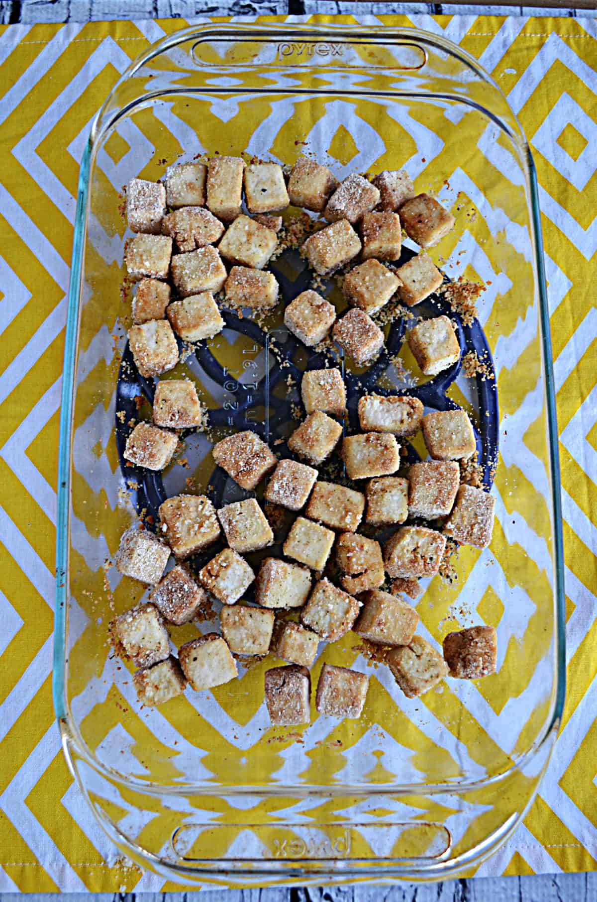 A pan of baked tofu cubes.