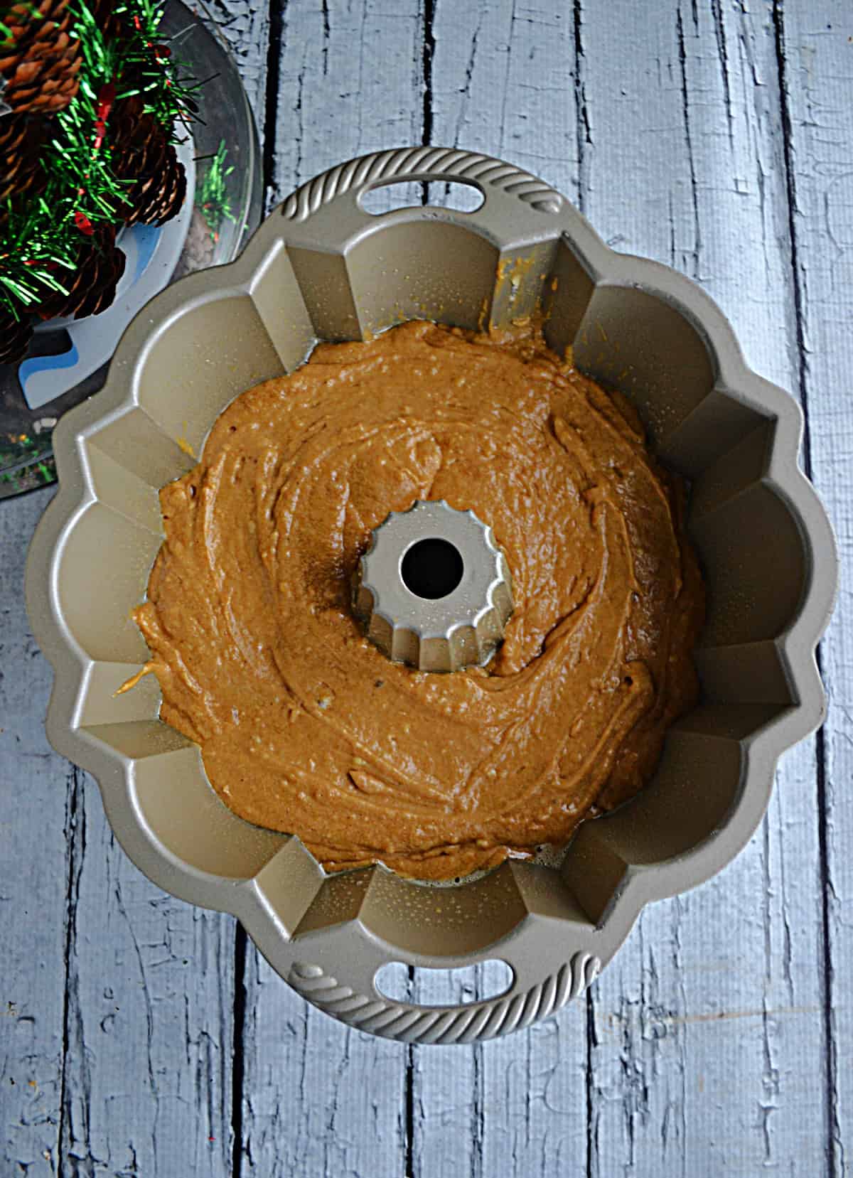 Cake batter in a Bundt pan.