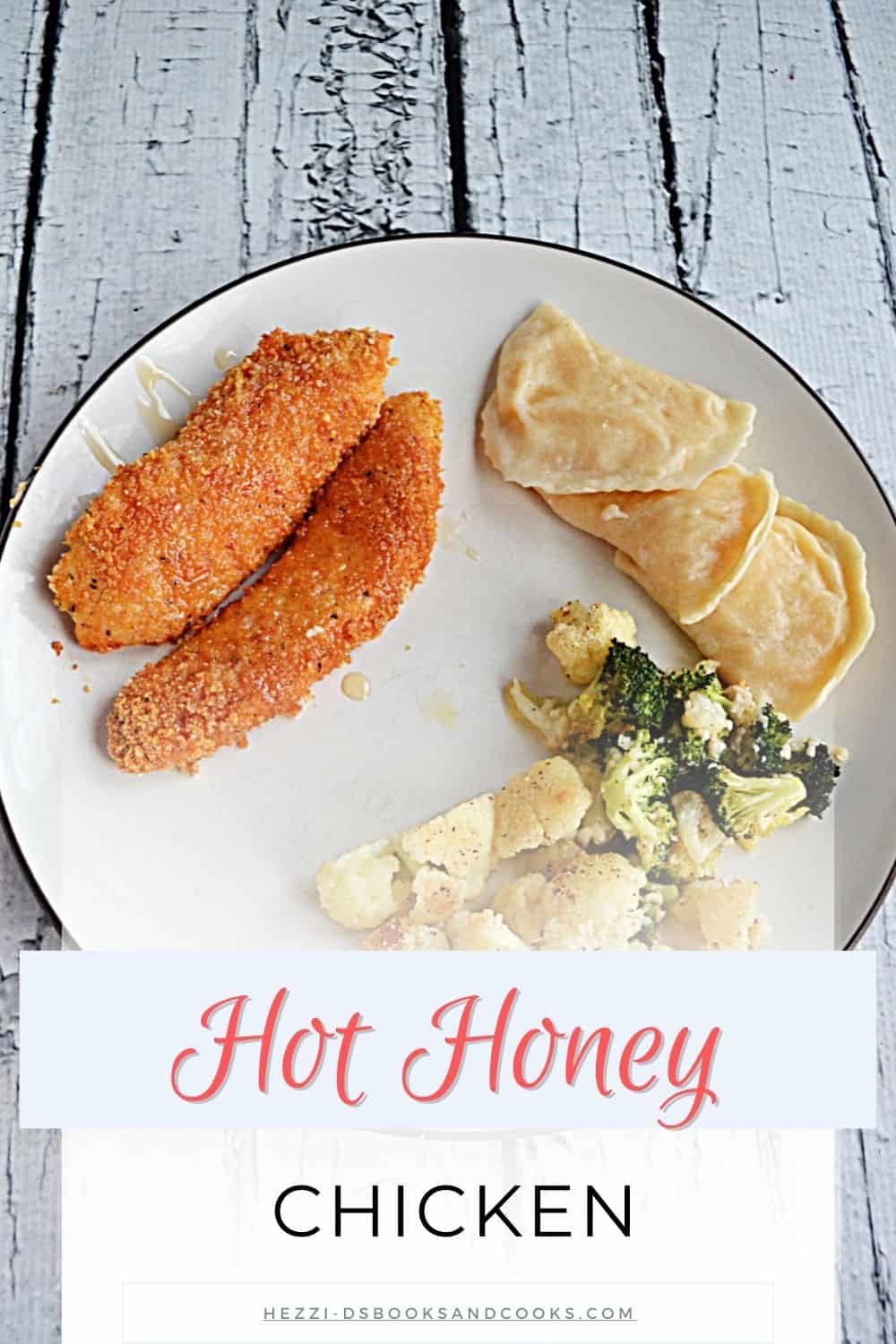 Pin Image: A plate with chicken strip sand pierogi, text title.