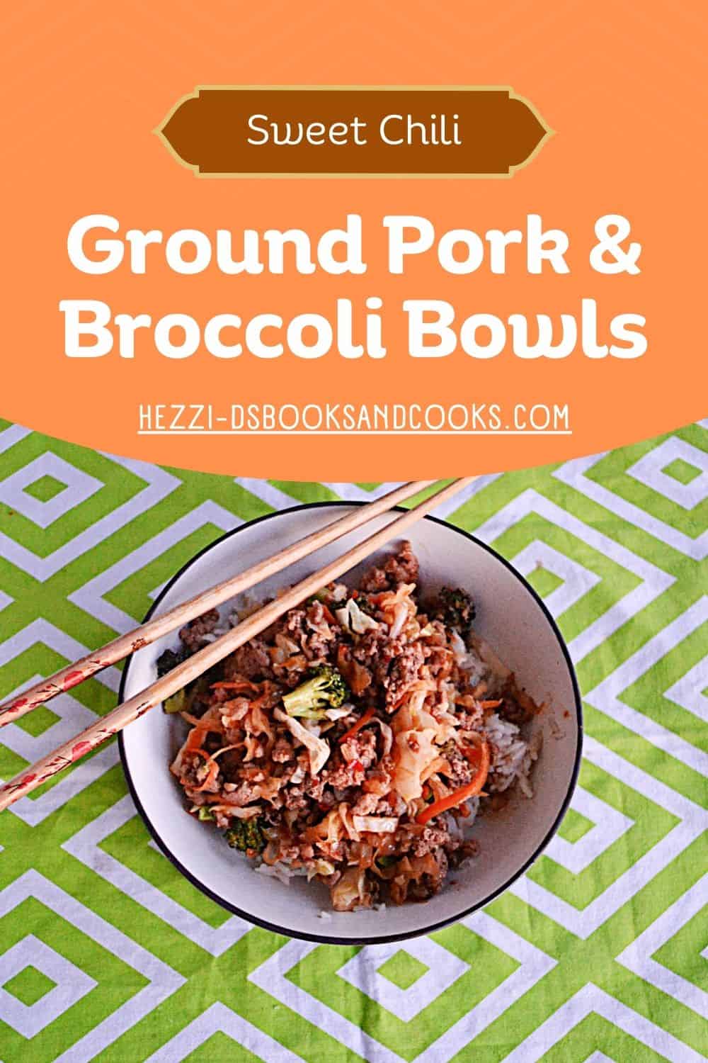 Pin Image: Text title, a bowl of rice, ground pork, and vegetables.