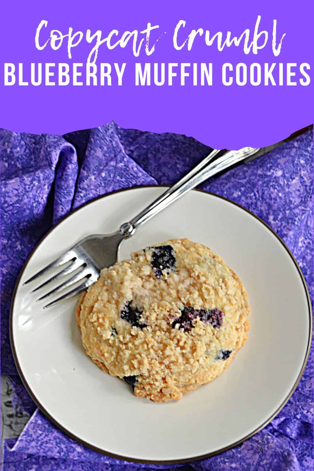 Blueberry muffin cookie on a plate with a fork, text title.