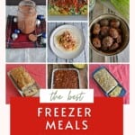 Pin Image: Collage including: A jar of hot cocoa, a loaf of bread, a tortilla with chicken on it, freezer bag with soup in it, a tray of chili, a bowl of meatballs, and a loaf of bread.