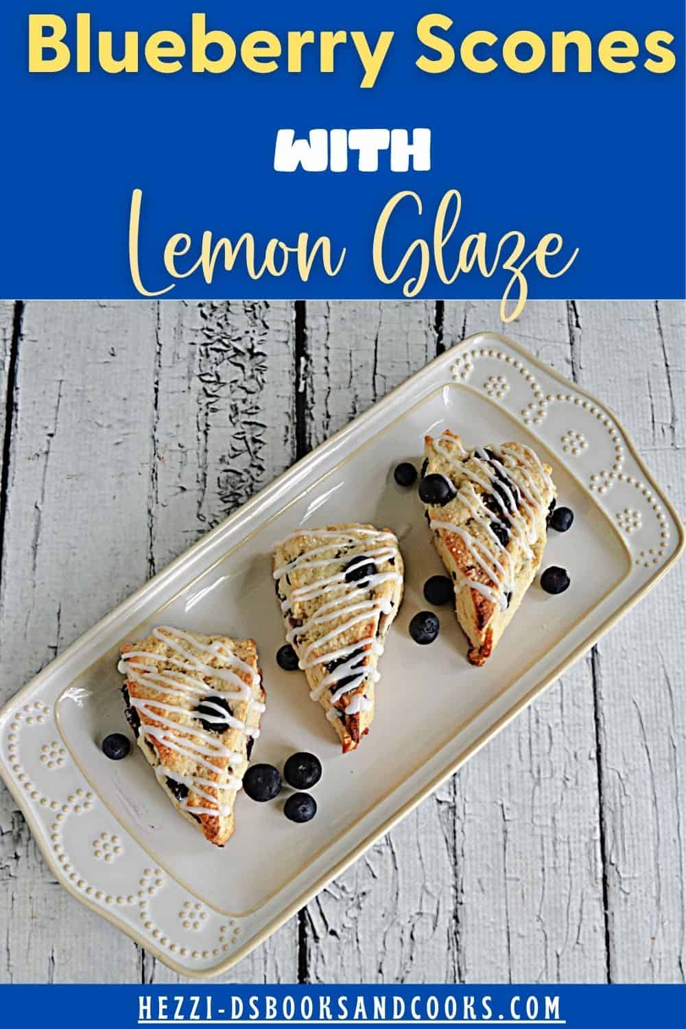 Pin Image: Title, a platter of scones with blueberries on it.