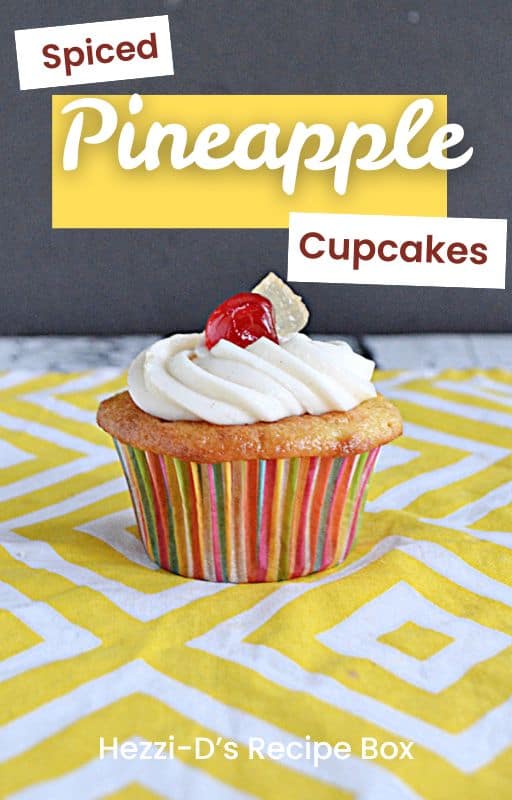 Pin Image: Title, a cupcake with a cherry and pineapple piece on top.