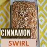 Pin Image: Title, a platter with banana bread on it and bananas in the background.