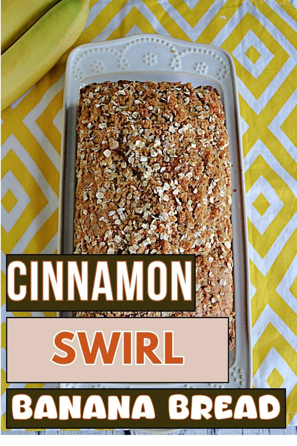 Pin Image: Title, a platter with banana bread on it and bananas in the background.