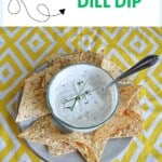 Pin Image: Title, a plate of tortilla chips with a bowl of dip (with a spoon in it) in the middle.