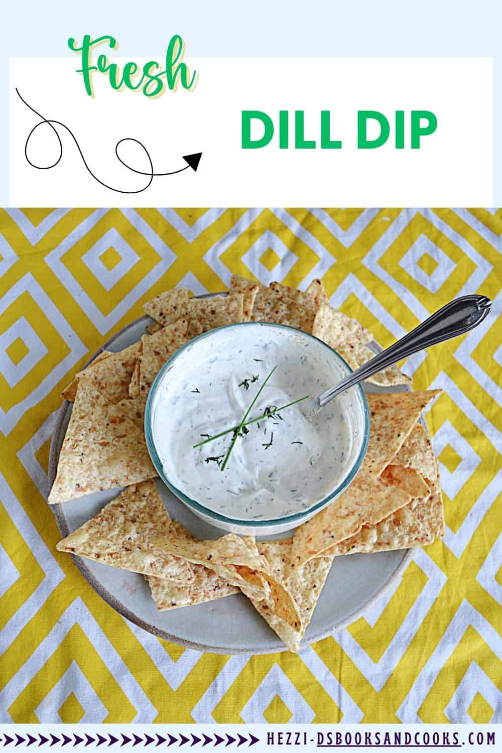 Pin Image: Title, a plate of tortilla chips with a bowl of dip (with a spoon in it) in the middle.