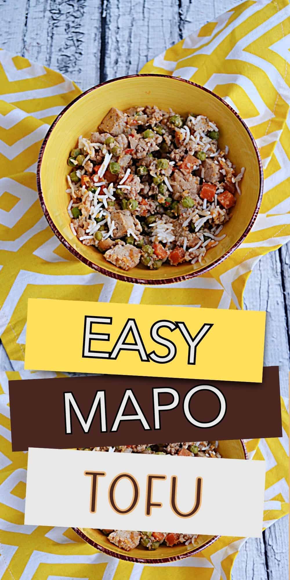 Pin Image: A bowl of Mapo tofu, carrots, and peas, title.