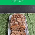 Pin Image: Title, a white platter with a loaf of peanut butter chocolate bread on it with a slice cut off.