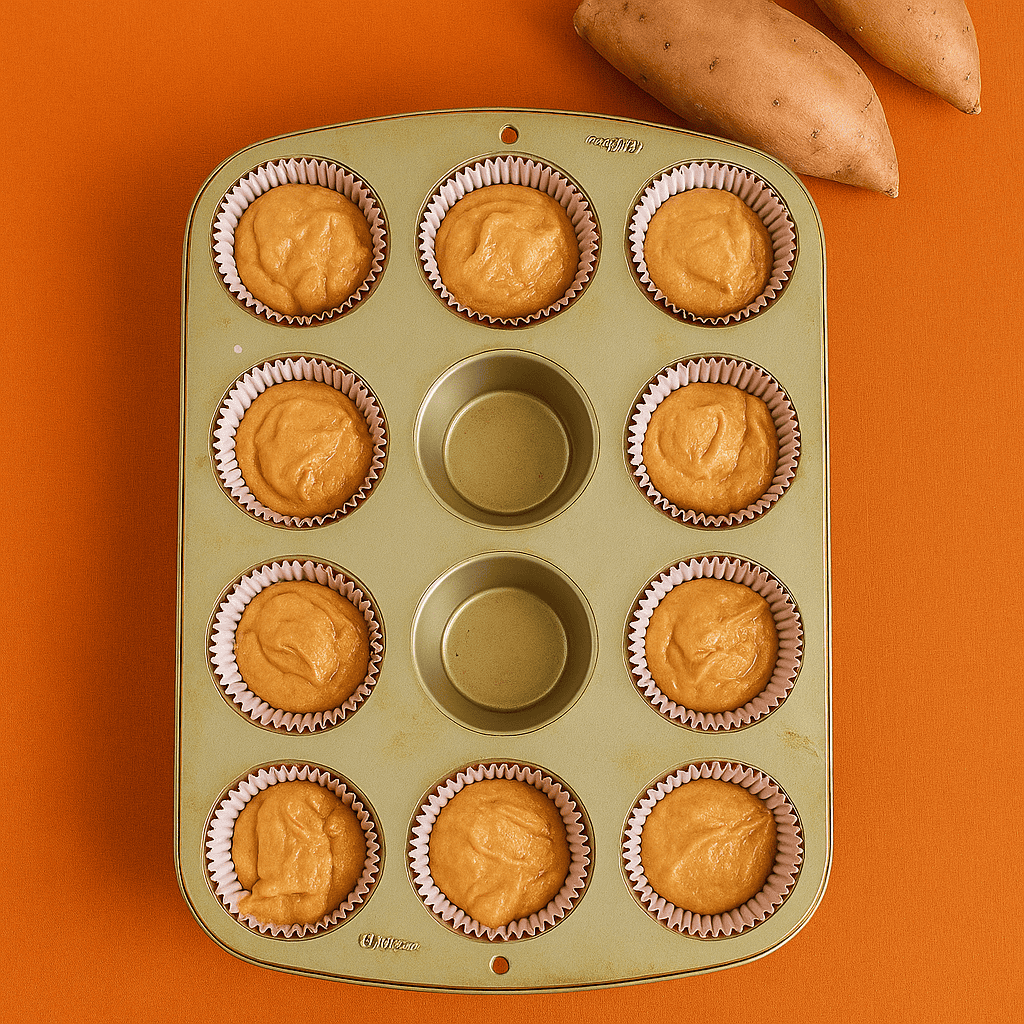 A muffin tin with batter in the cups and sweet potatoes in the background.