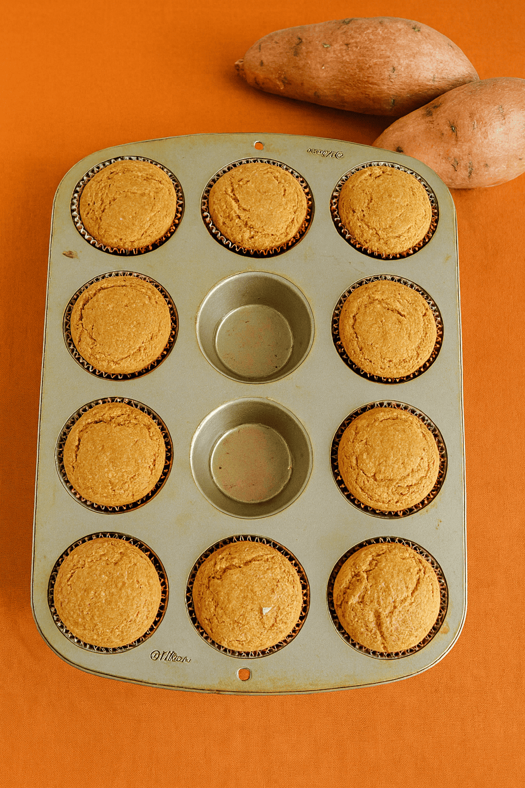A muffin tin of sweet potato cupcakes with sweet potatoes in the background.