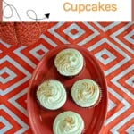 Pin Image: Title, a platter of cupcakes with fluffy white frosting on top.