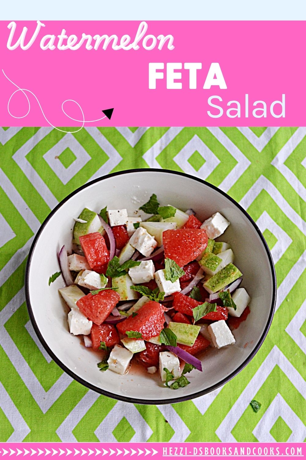 Pin Image: Title, a bowl of watermelon, feta, and cucumber.