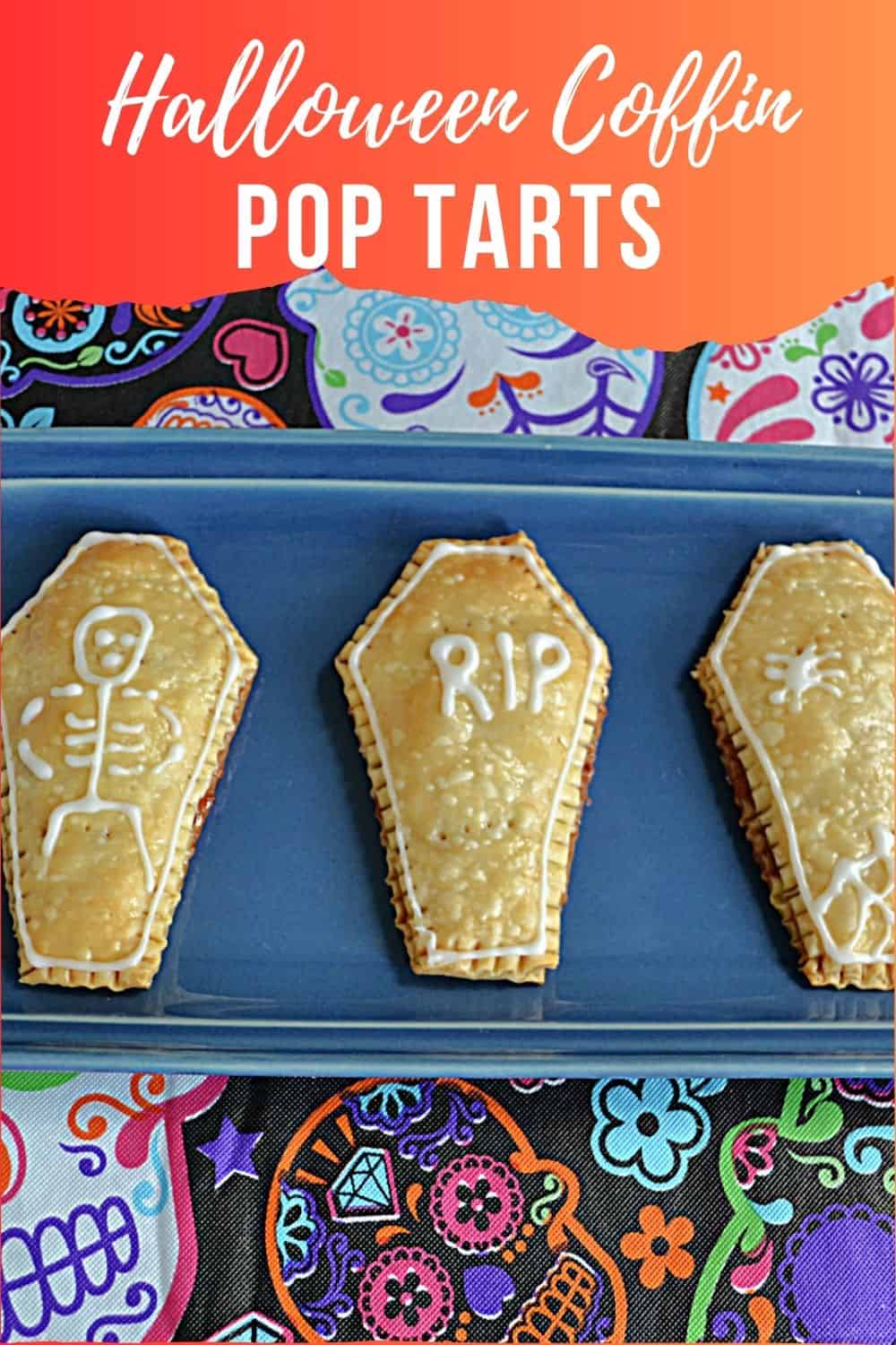 Pin Image: Title, a platter with three coffin shaped pop tarts on it.