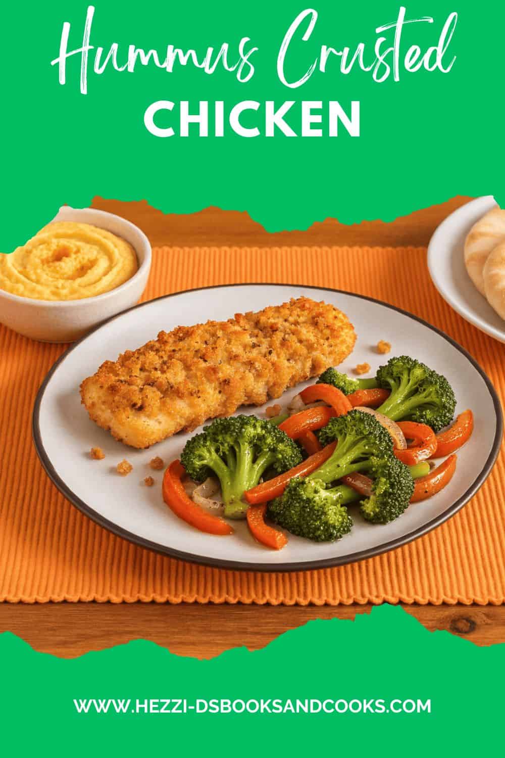 Pin Image: Title, a plate of chicken, broccoli, and peppers with a bowl of hummus behind.