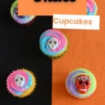 Pin Image: Five cupcakes with sugar skulls on them, title.