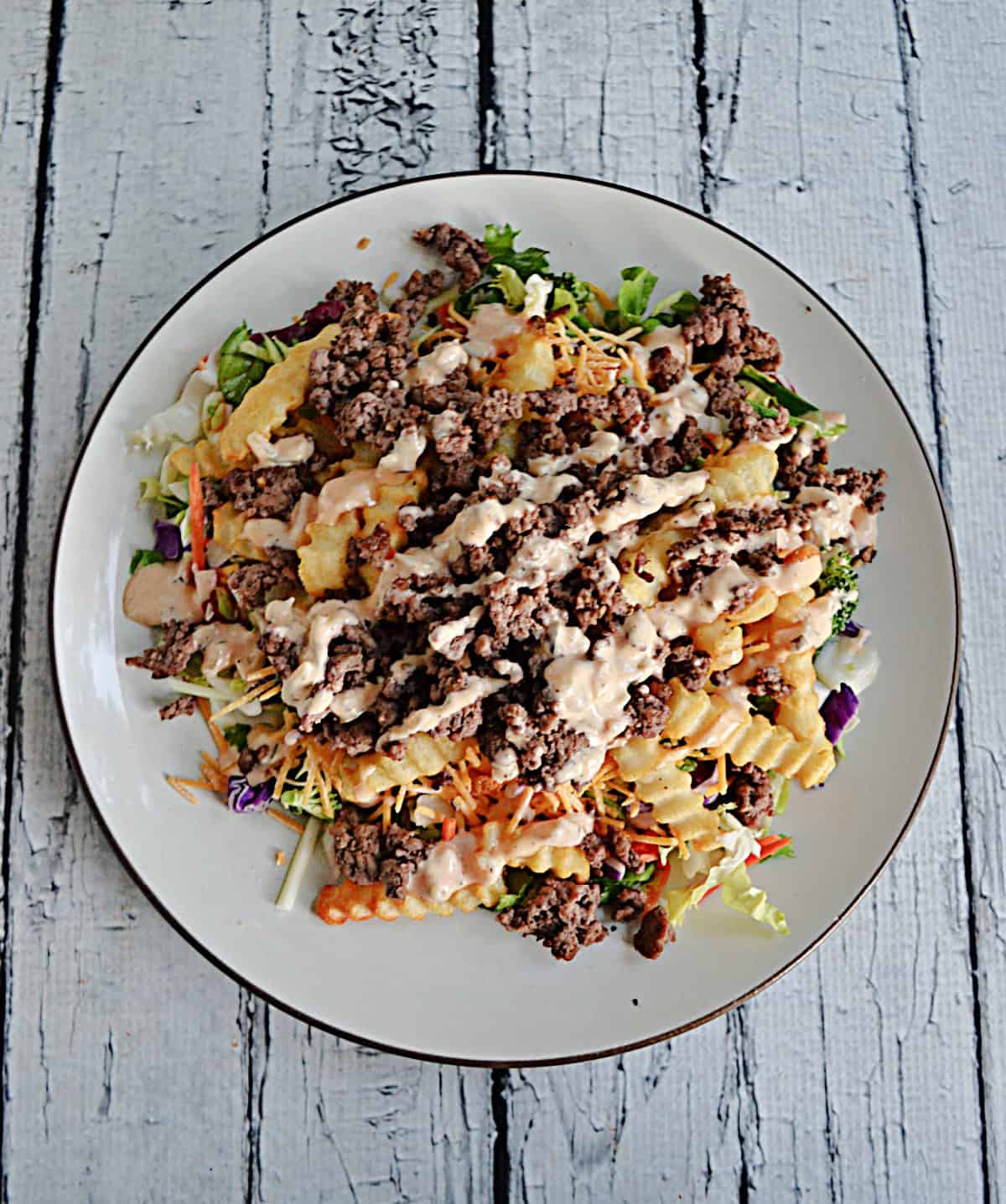 A plate of salad with fries, beef, and sauce on top.
