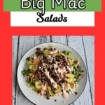 Pin Image: Title, a plate of salad topped with beef, pickles, and fries.