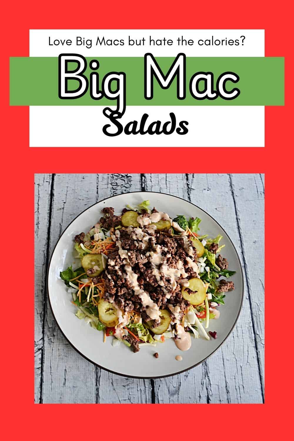 Pin Image: Title, a plate of salad topped with beef, pickles, and fries.