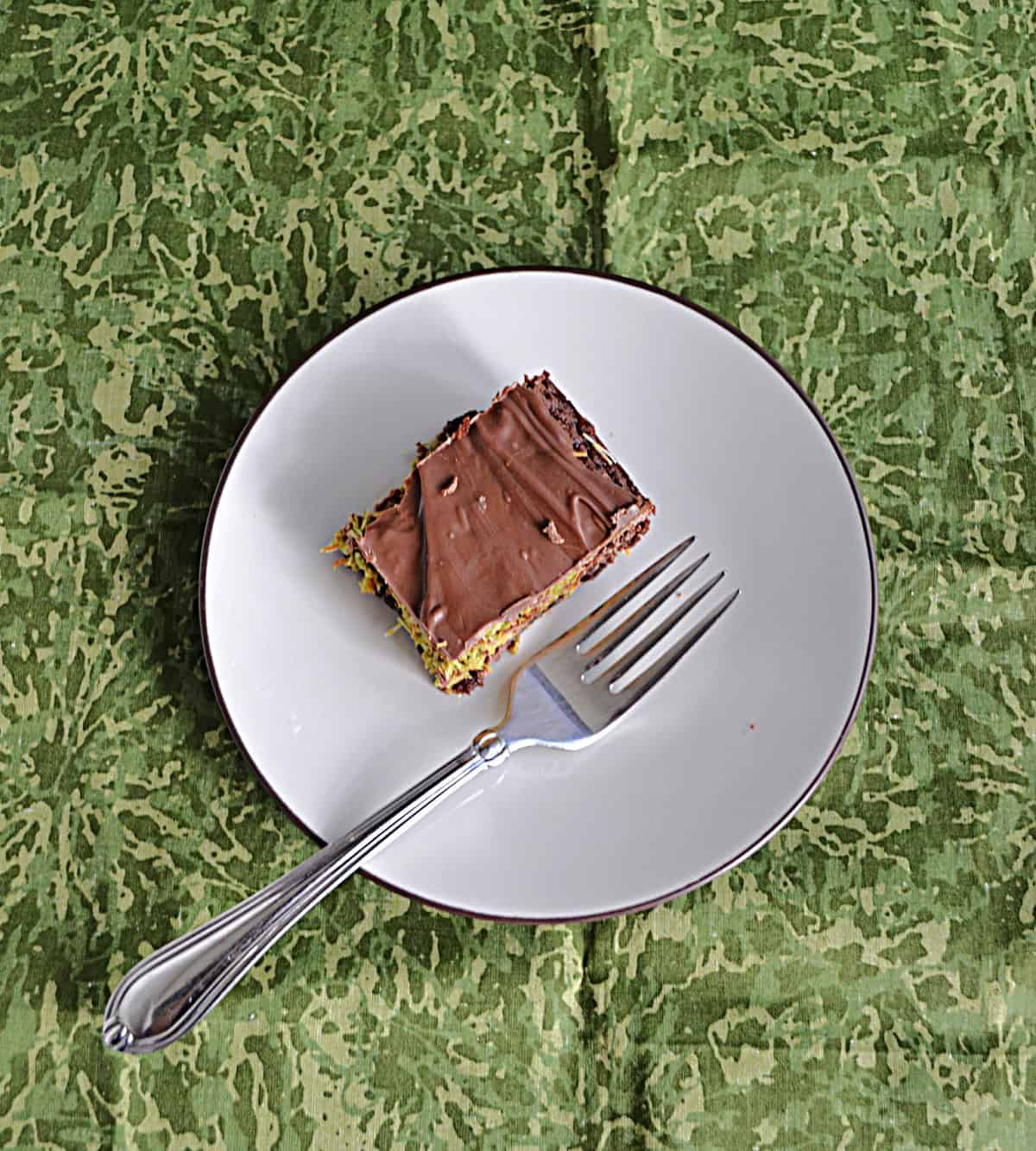 A brownie on a plate with a fork.