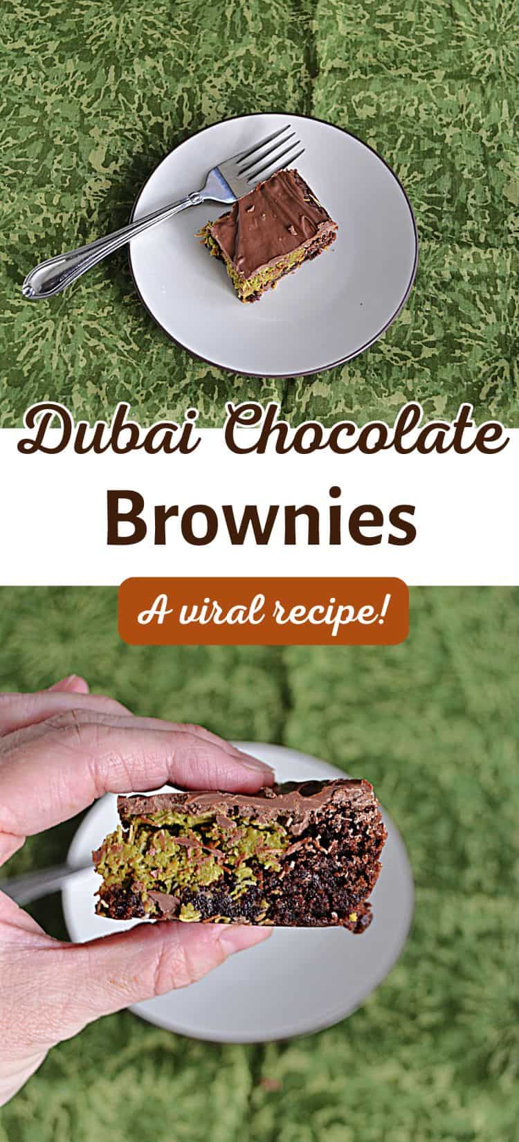 Pin Image: A brownie on a plate with a fork, title, a hand holding a close up of a chocolate brownies with pistachio and phyllo filling.