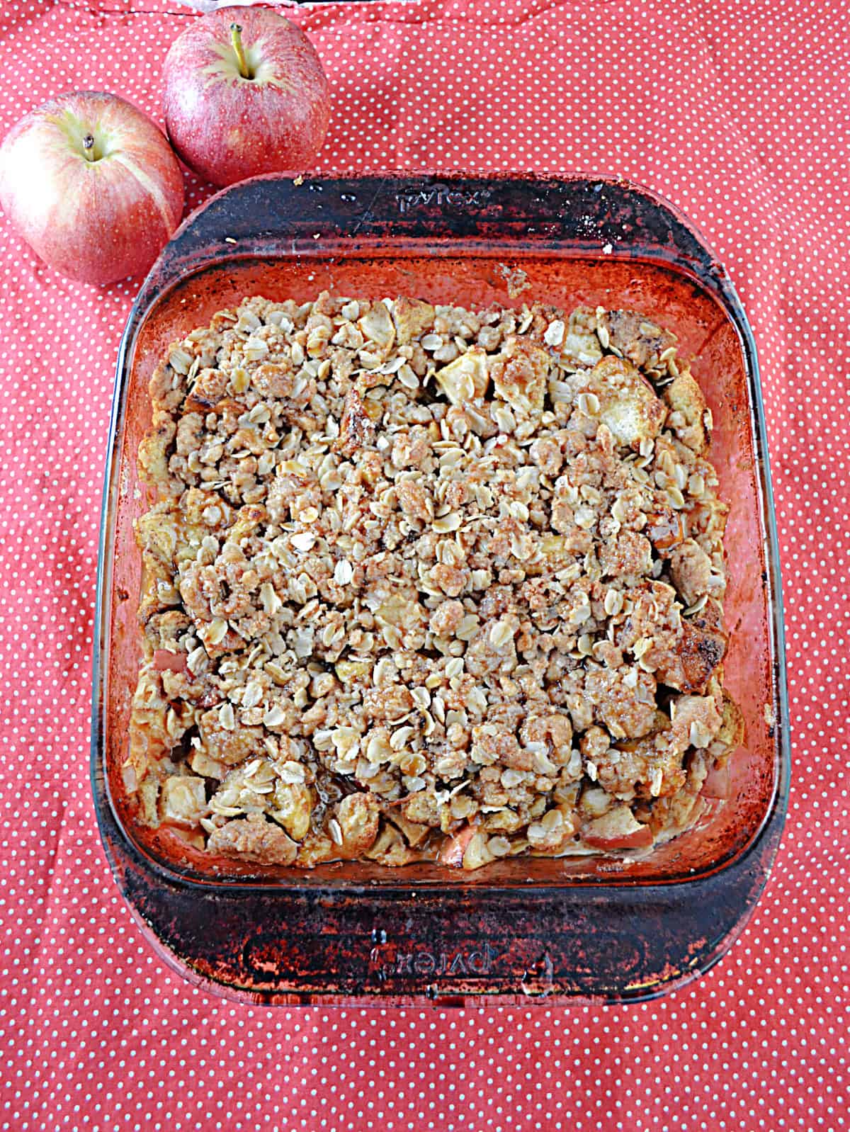 A pan of French toast with crumble on top.