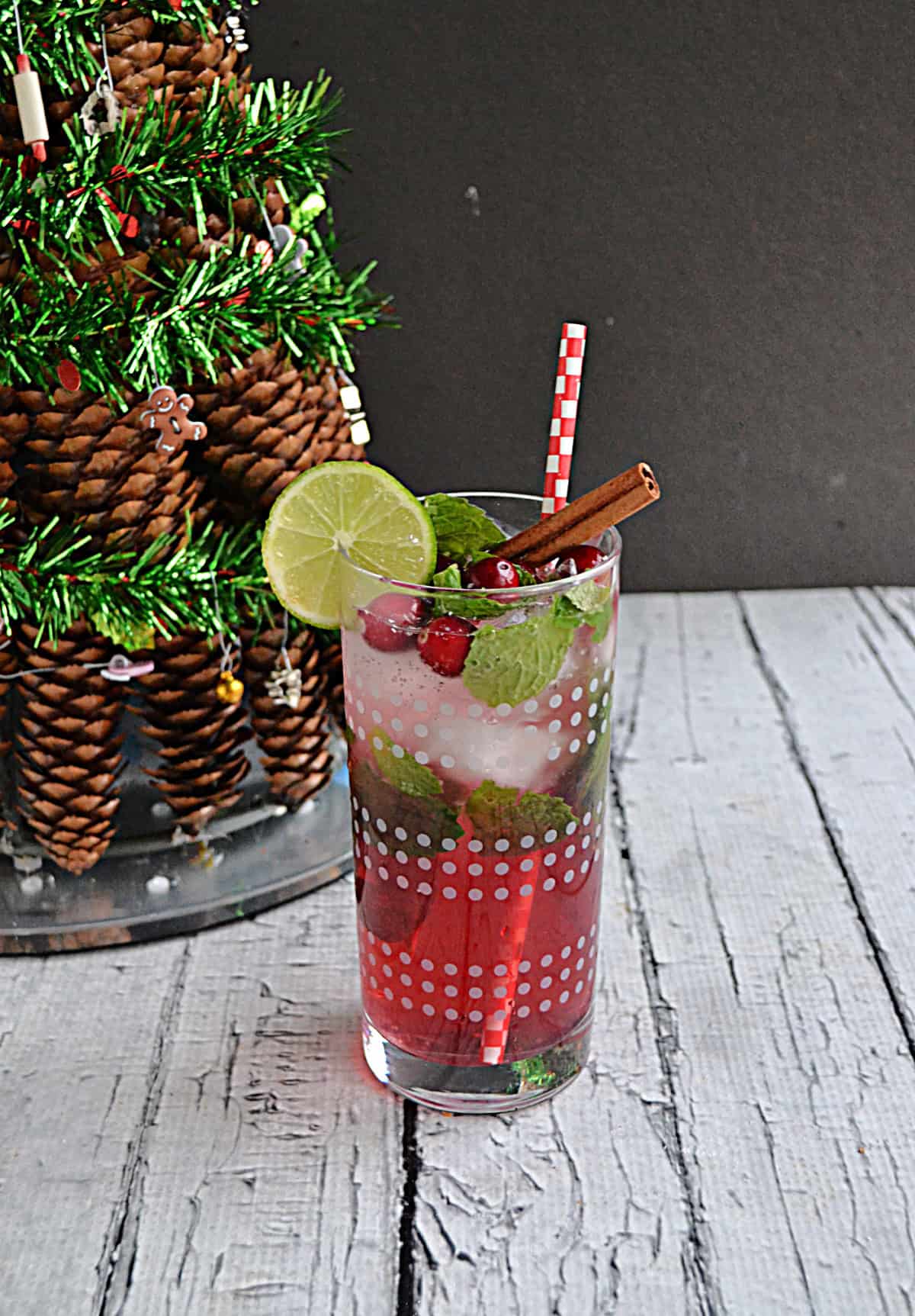 A glass with lime wedges, cranberries, mint leaves, and a straw in it.