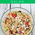 Pin Image: Title, a bowl of orzo and vegetables with feta sprinkled on top.