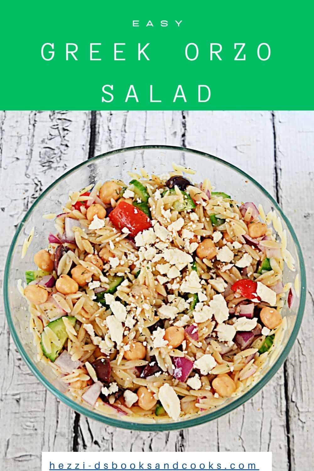Pin Image: Title, a bowl of orzo and vegetables with feta sprinkled on top.