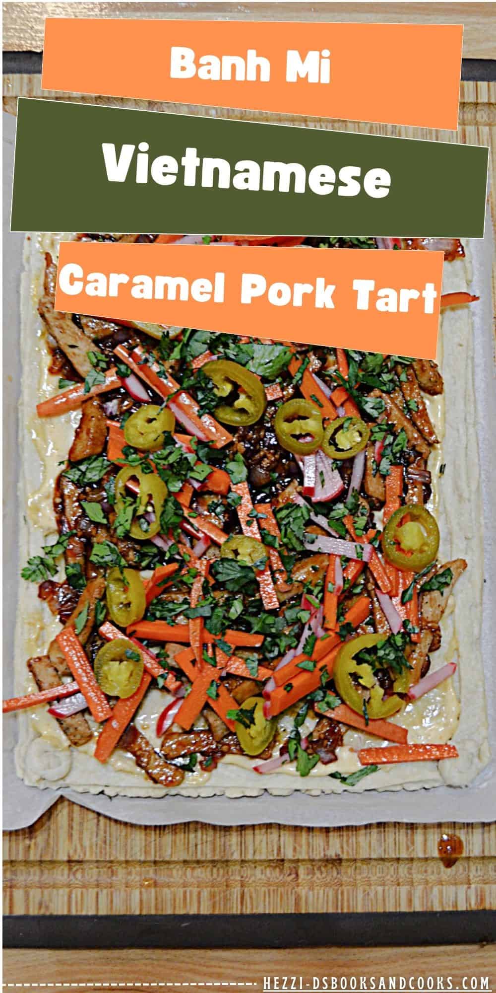 Pin Image: Title, a tart shell with pork and vegetables on it.