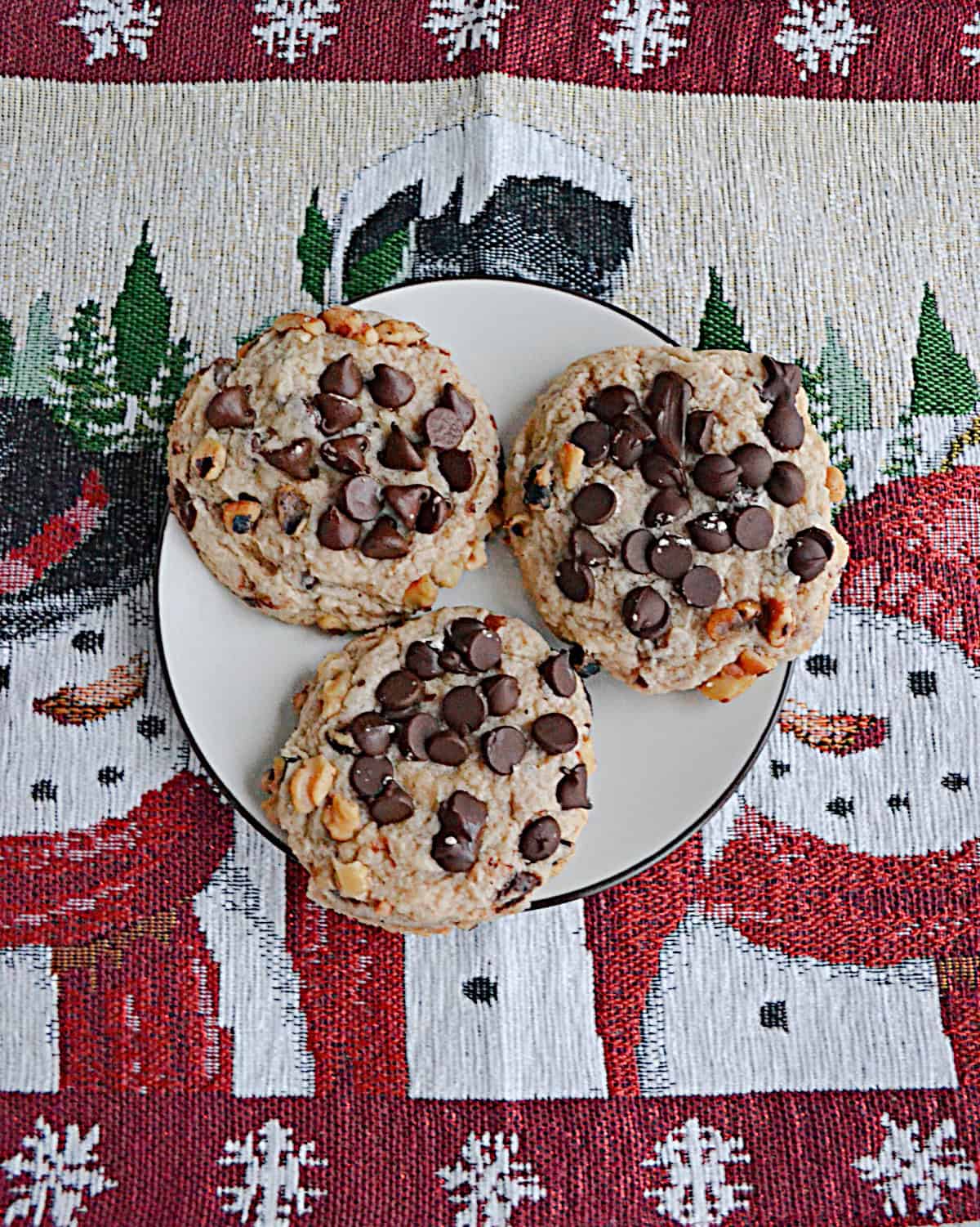 A plate of chocolate chip cookies.