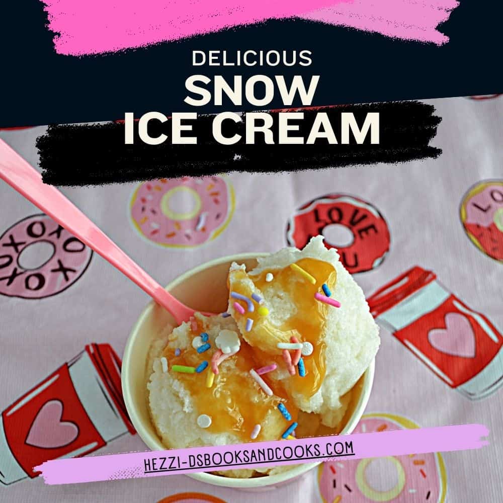 Pin Image Title, a top view of a cup of ice cream topped with caramel and a spoon in it.