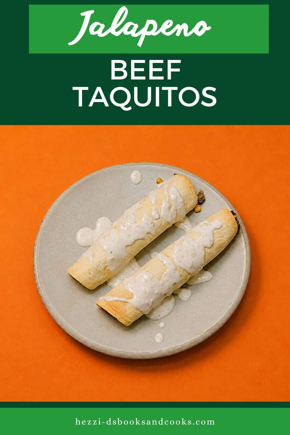 Pin image: Title, a plate with two taquitos topped with sauce on it.