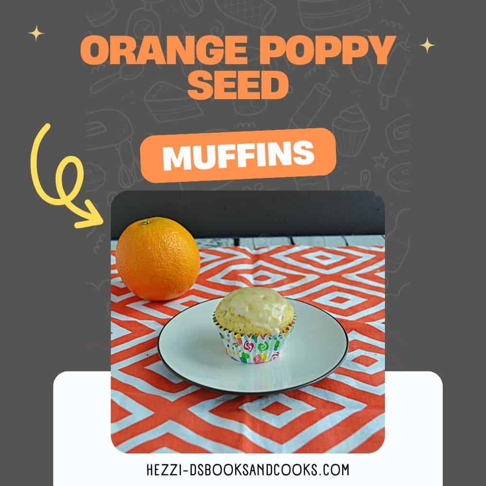 Pin Image: Title, a plate with a muffin on it and an orange behind it.