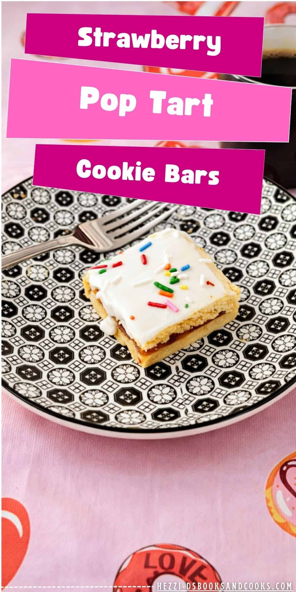 Pin Image: Title, a plate with a bar cookie with white icing and sprinkles on it.
