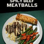 Pin Image: Title, a plate with meatballs, rice, vegetables, and an egg roll.