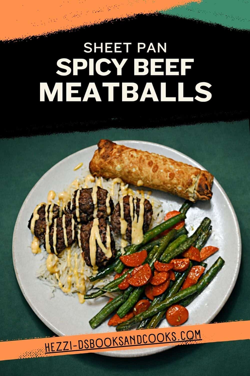 Pin Image: Title, a plate with meatballs, rice, vegetables, and an egg roll.
