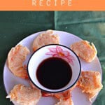Pin Image: Title, a plate of shrimp with a bowl of dipping sauce in the middle.
