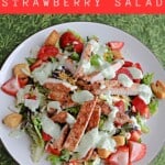 Pin Image: Title, a plate of salad with pork and strawberries topped with ranch dressing.