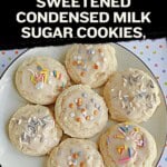 Pin Image: Title, a plate of sugar cookies with a glaze and sprinkles on top.
