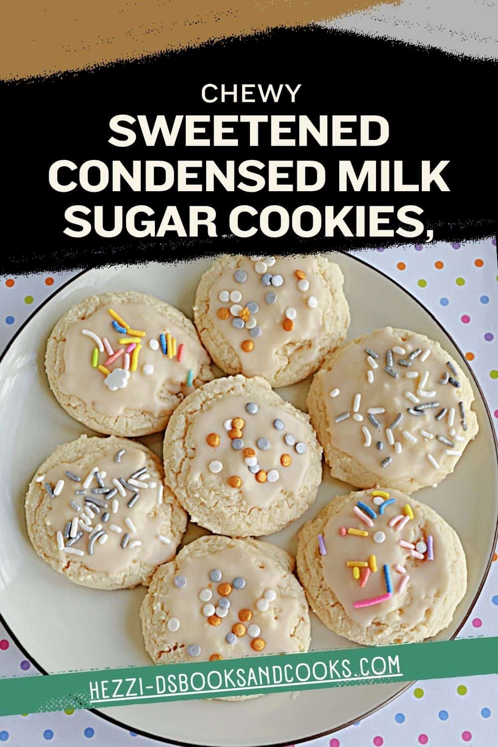Pin Image: Title, a plate of sugar cookies with a glaze and sprinkles on top.