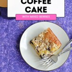 Pin Image: Title, a plate with a piece of coffee cake and 2 forks on it.